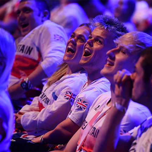 Paralympics Team GB at the National Lottery Homecoming Event at AO Arena, laughing and smiling.